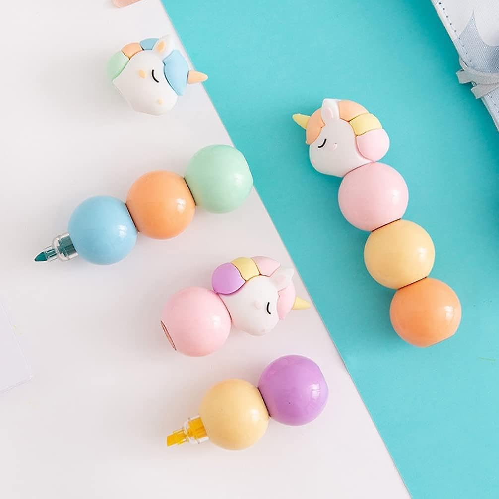 Set of three unicorn-shaped mini highlighters in pastel colors with round ball segments www.usmile.toys