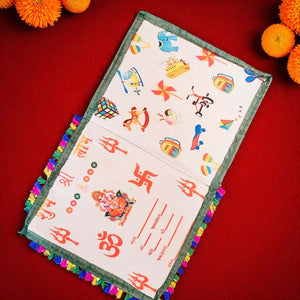 Colorful fabric with cartoon designs on a red background