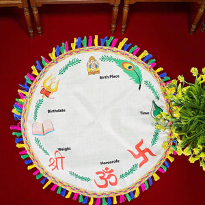 Decorative round chart with colorful tassels on a red surface