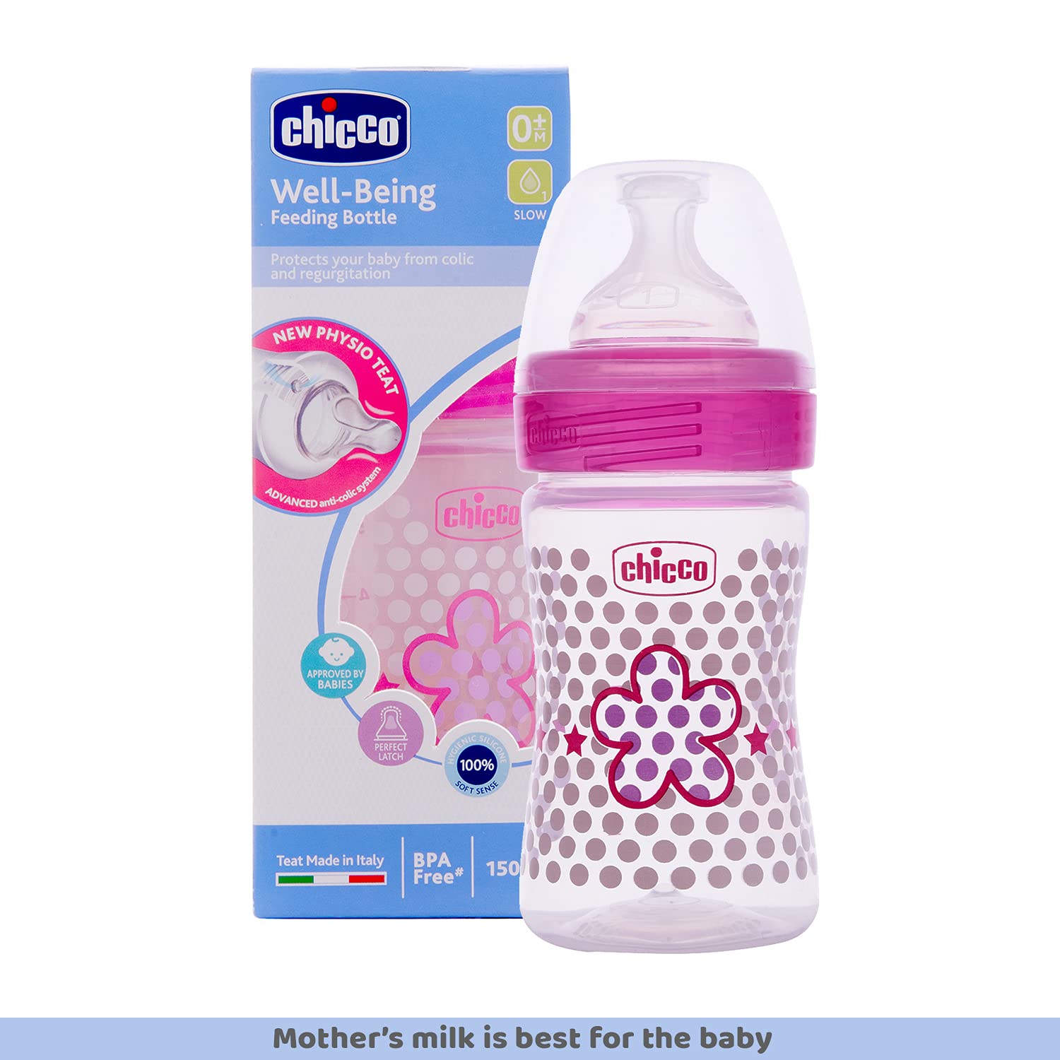 Chicco Well-Being 150 ml Feeding Plastic Bottle, Advanced Anti-Colic System, BPA Free, Hygienic Silicone Teat (Pink)
www.usmile.toys