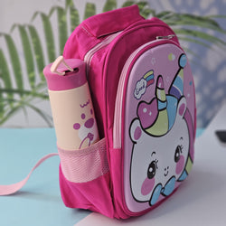 Pink cartoon school backpack for children by Usmile Toys, featuring a cute unicorn face with a rainbow horn and a side pocket for a water bottle." www.usmile.toys