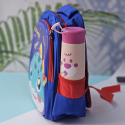 Pink cartoon school backpack for children by Usmile Toys, featuring a cute unicorn face with a rainbow horn and a side pocket for a water bottle." www.usmile.toys