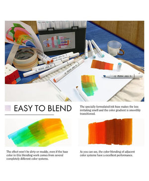 Vibrant multicolour marker pen set for kids and artists, showing a variety of pen tips, swatches of bright colors, and art examples like a fox illustration. Perfect for drawing, coloring, and highlighting. From uSmile.toys."www.usmile.toys