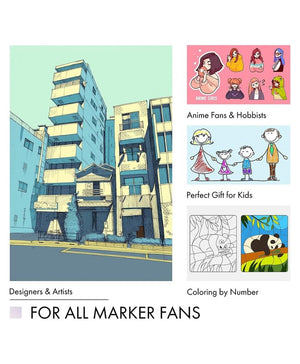 Vibrant multicolour marker pen set for kids and artists, showing a variety of pen tips, swatches of bright colors, and art examples like a fox illustration. Perfect for drawing, coloring, and highlighting. From uSmile.toys."www.usmile.toys