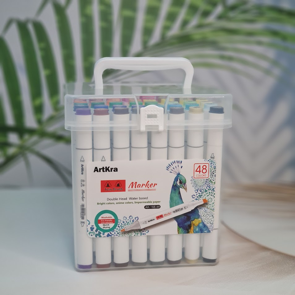 Clear plastic case containing a 48-piece ArtKra Color Highlighter Marker Pen set by Usmile Toys, with double-head, water-based markers."