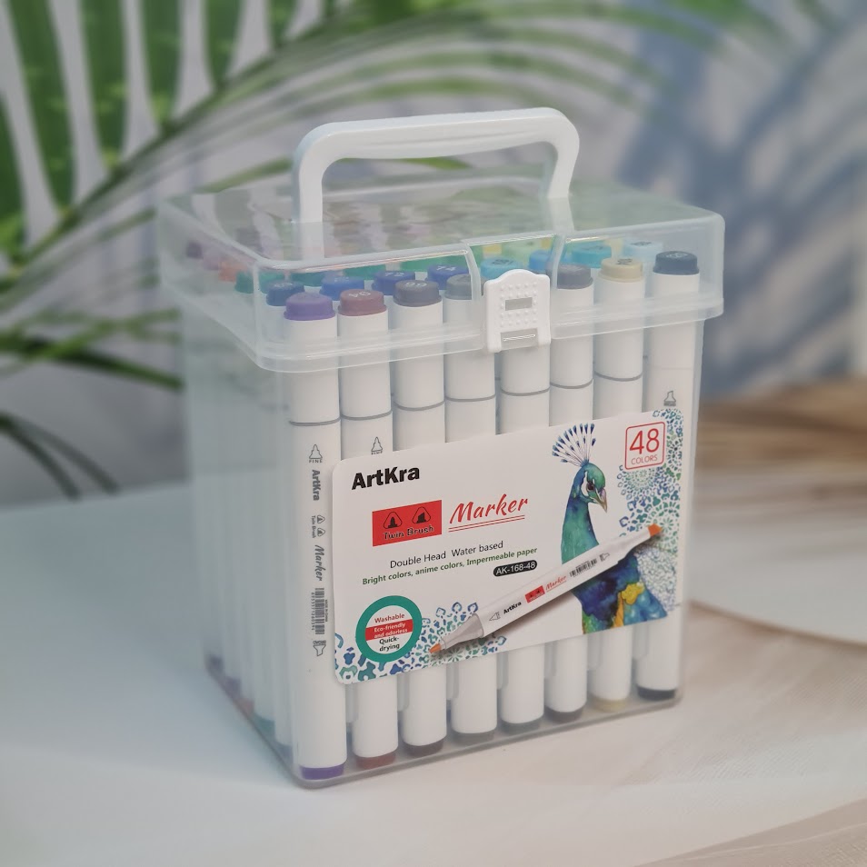 Clear plastic case containing a 48-piece ArtKra Color Highlighter Marker Pen set by Usmile Toys, with double-head, water-based markers." www.smile.toys