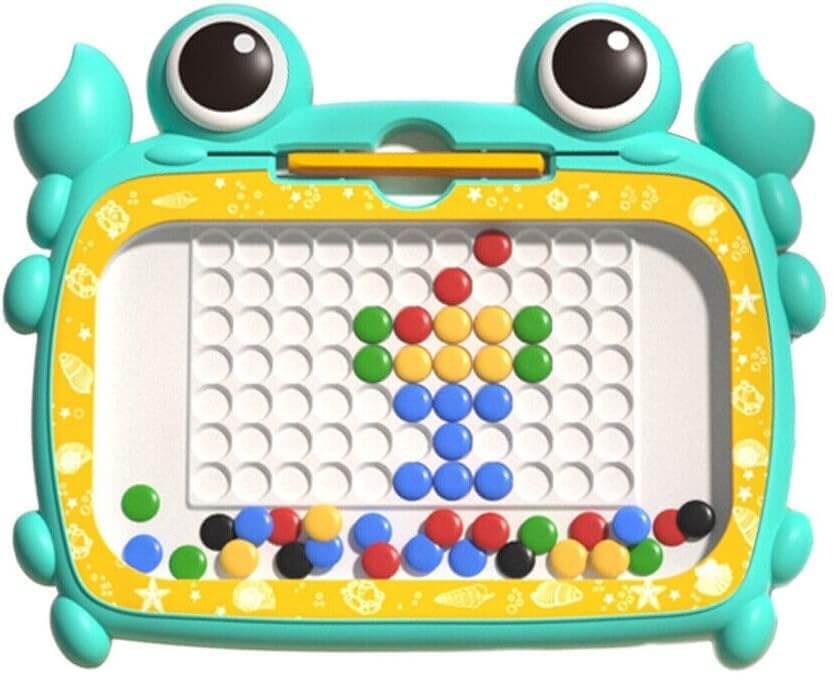 Toy with colorful magnetic balls and a grid on a teal base