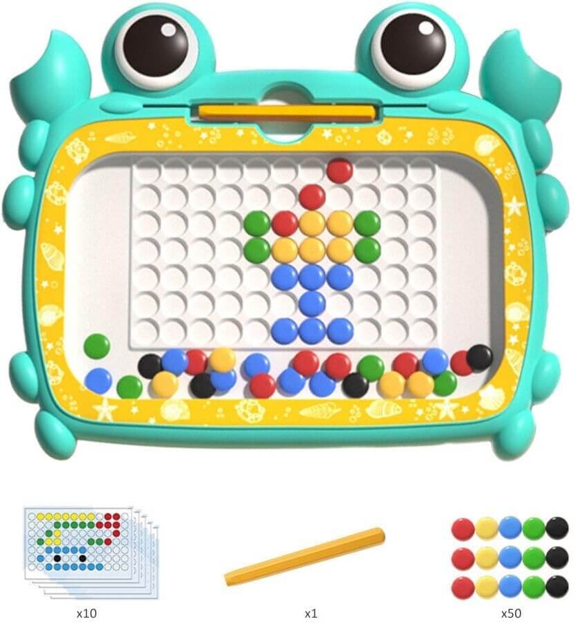 Colorful magnetic dot toy with a frog design on a white background