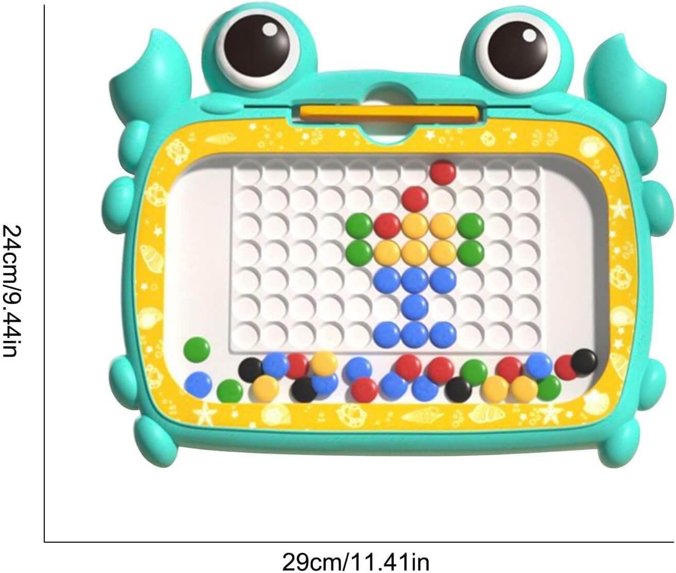 Toy with colorful beads and a frog-like design on a white background