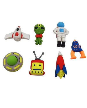 Fun, colorful erasers in animal and space shapes, including a green alien, white astronaut, and red rocket. WWW.USMILE.TOYS