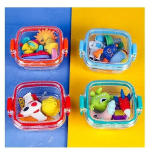 Fun, colorful erasers in animal and space shapes, packaged in small, square bento boxes. www.usmile.toys
