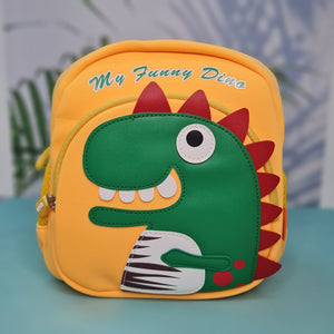 Yellow children's backpack with a green dinosaur applique and "My Funny Dino" text.