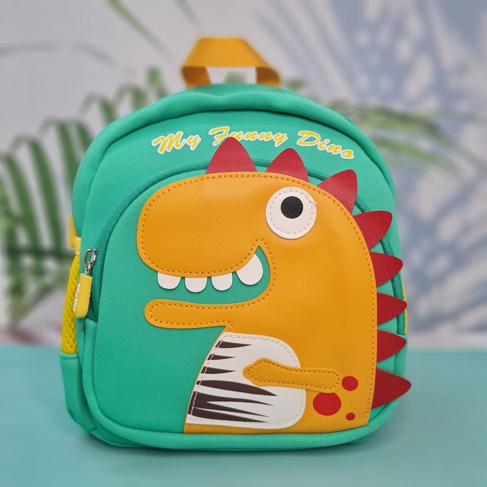 Teal children's backpack with an orange dinosaur applique and "My Funny Dino" text.
