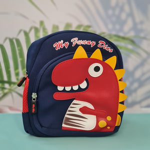 Navy blue children's backpack with a red dinosaur applique and the text "My Funny Dino