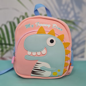 Light pink children's backpack with a blue dinosaur applique and "My Funny Dino" text