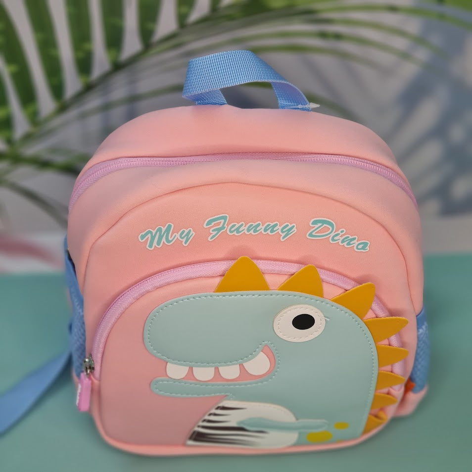 Pink children's backpack with a blue dinosaur applique and the text "My Funny Dino"