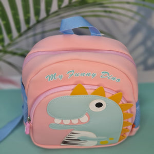 Pink children's backpack with a blue dinosaur applique and the text "My Funny Dino"