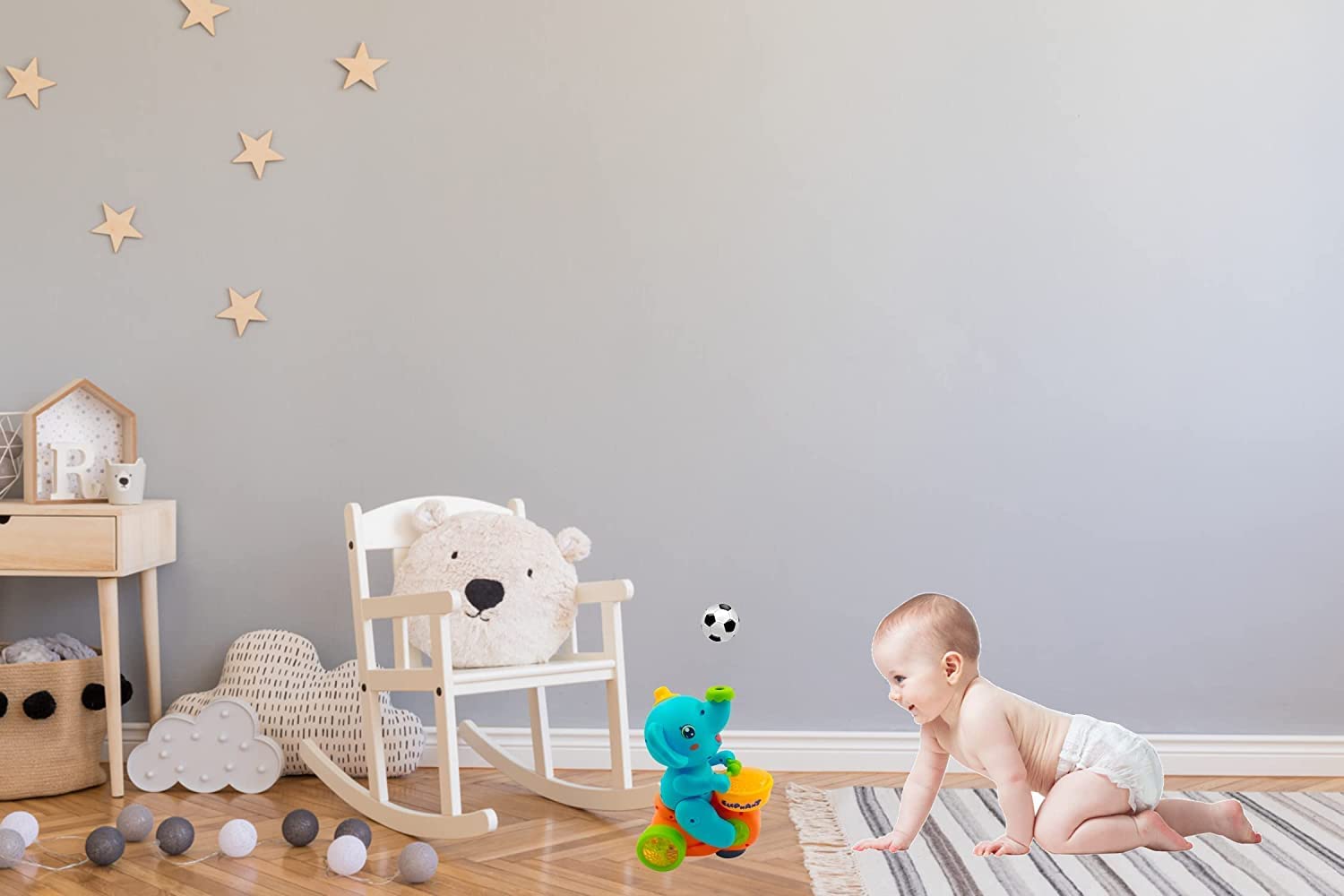 Interactive musical toy for babies and toddlers: a cute elephant character on a scooter, designed to play music and balance a ball, from Usmile Toys." www.usmile.toys