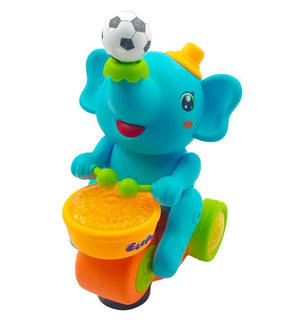 Usmile Toys 'Elephant Musician' toy: an adorable blue elephant playing drums, featuring a unique levitation ball on its nose, promoting fun and engagement for toddlers." www.usmile.toys