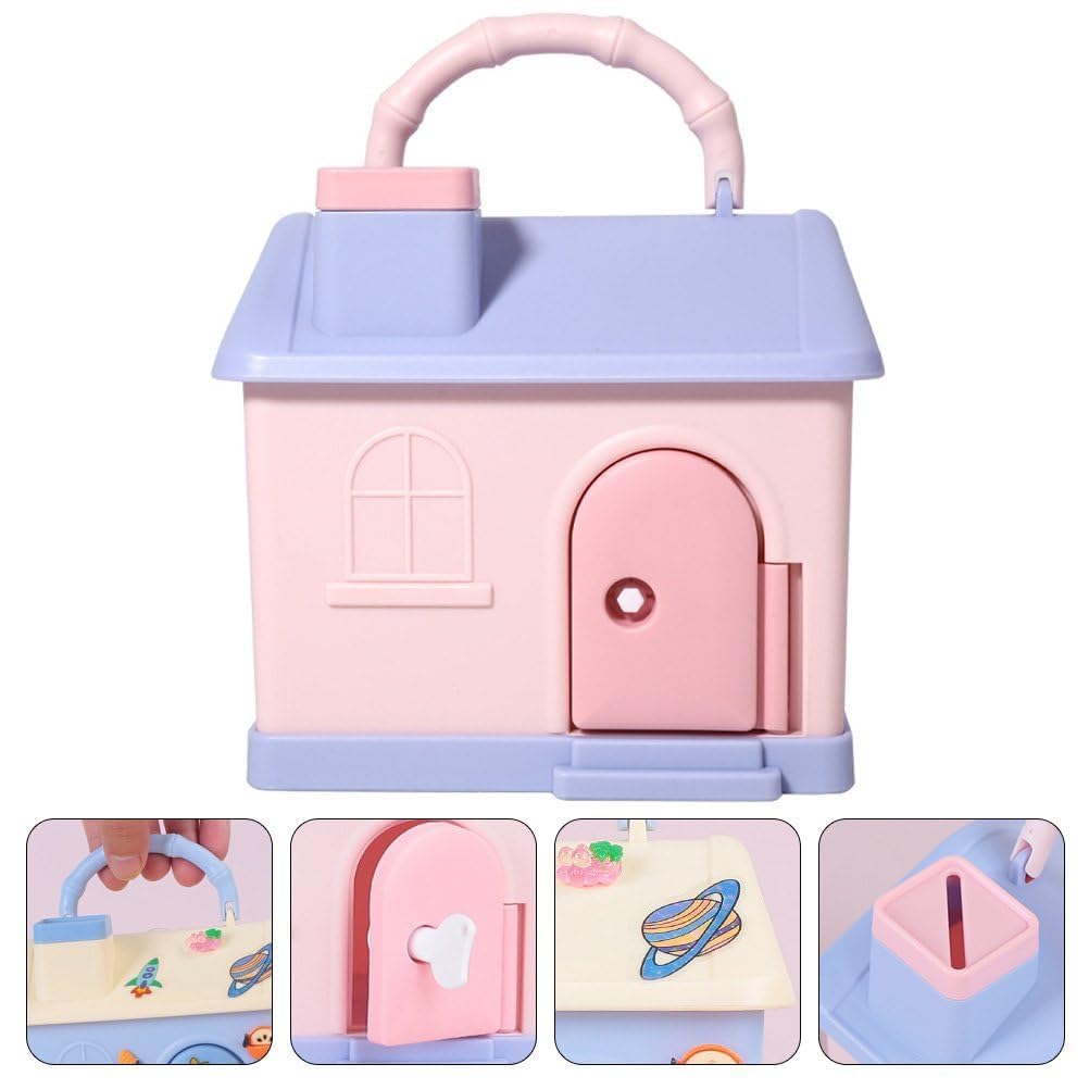 Pink and blue house money bank with lock and key for kids, designed as a cute piggy bank to teach saving, includes 3D stickers for personalization. Ideal for U SMILE TOYS customers. www.usmile.toys