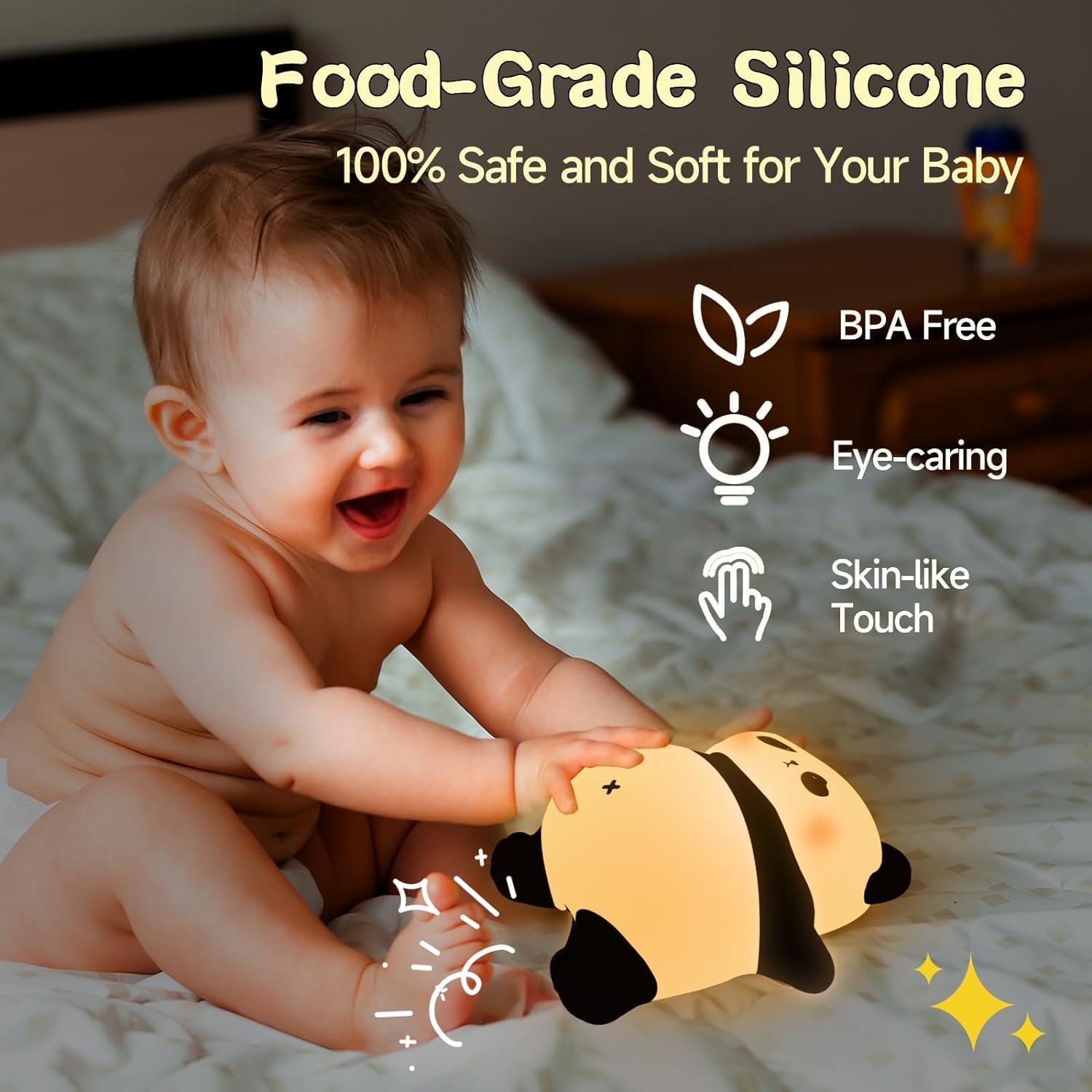 Adorable glowing white and black silicone night lamp for kids, shaped like a cute lying panda, illuminating a surface. Ideal for a comforting and soft light in a child's bedroom from uSmile.toys." www.usmile.toys