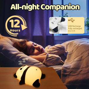 Provide a gentle, comforting glow with this sweet silicone night lamp featuring a cute lying panda design, perfect for kids' rooms and helping with bedtime. Find it at uSmile.toys." www.usmile,.toys