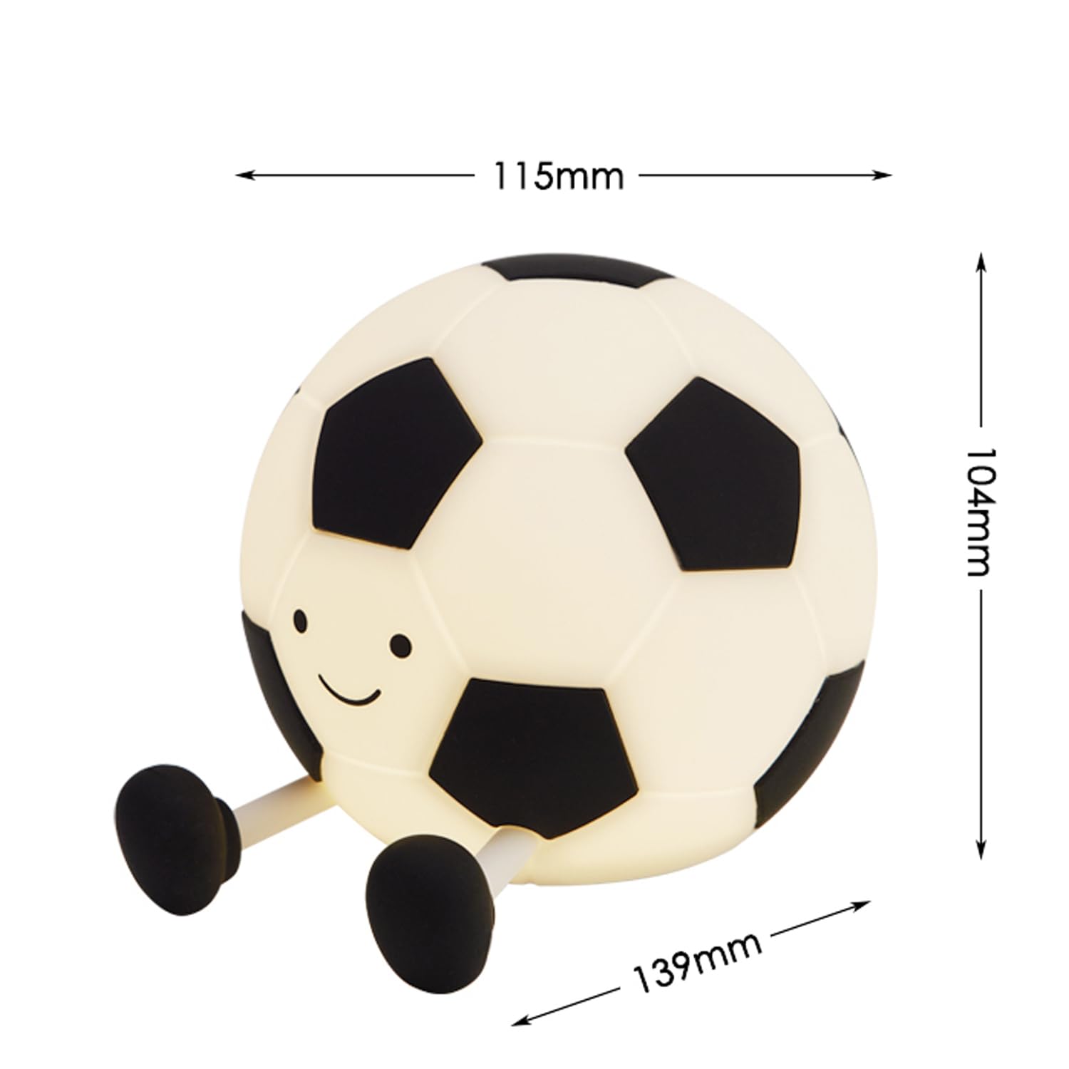 Adorable glowing white and black silicone night lamp for kids, shaped like a soccer ball (football) with a friendly smiley face and small legs, resting on a surface. Ideal for a sports-themed bedroom from uSmile.toys." www.usmile.toys