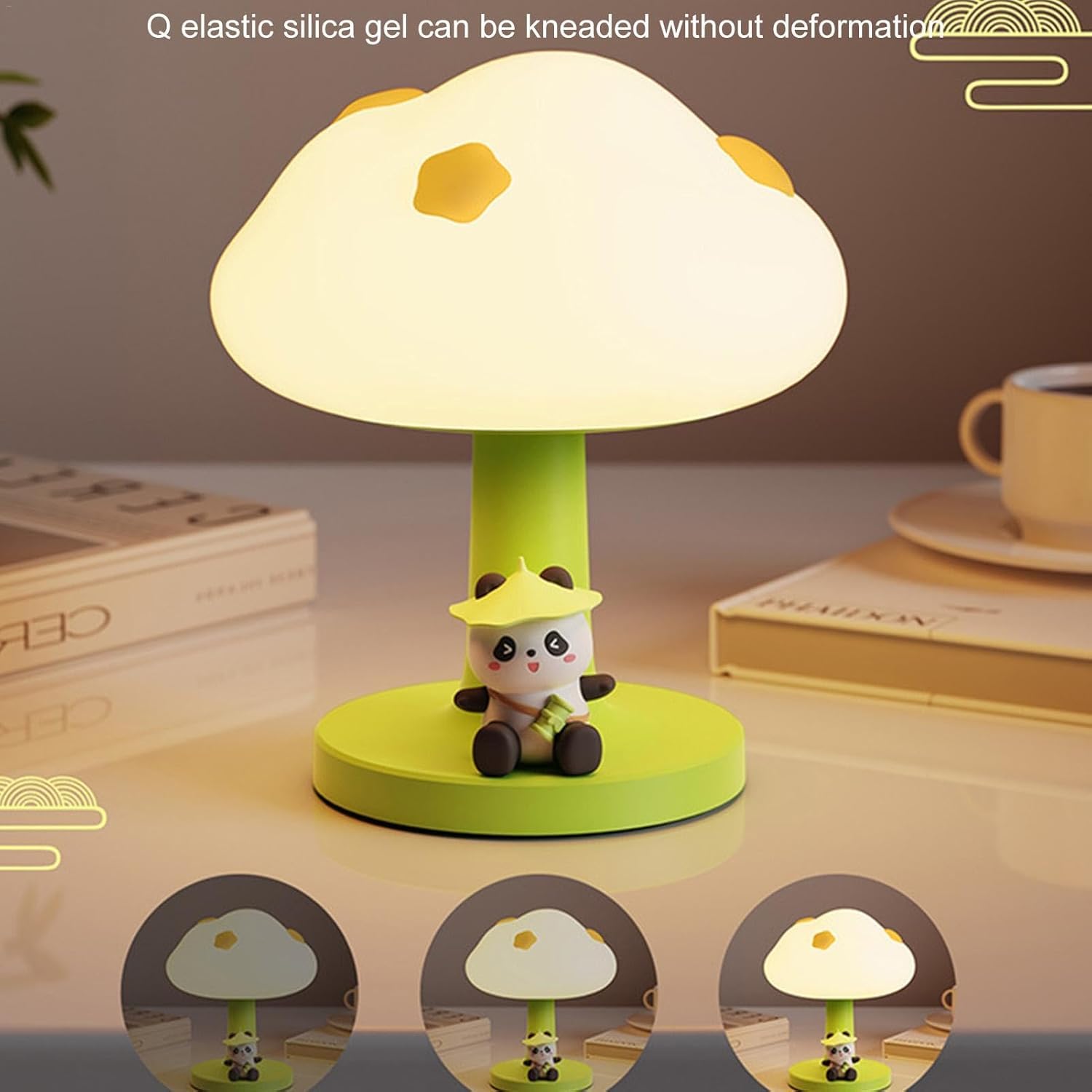 Cute green and white silicone bedside table lamp for kids, with a mushroom-shaped top and a small 'PoPo Panda' figurine sitting at its base. Provides a gentle glow. Ideal for a child's bedroom from uSmile.toys." www.usmile.toys
