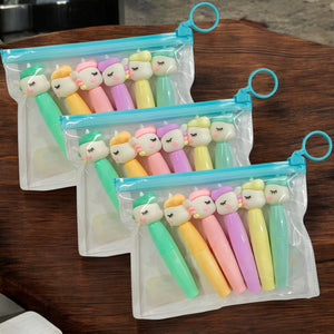 Three clear pouches, each containing a set of five pastel-colored unicorn-shaped mini highlighters, perfect for kids' school supplies.available at uSmile.toys www.usmile.toys