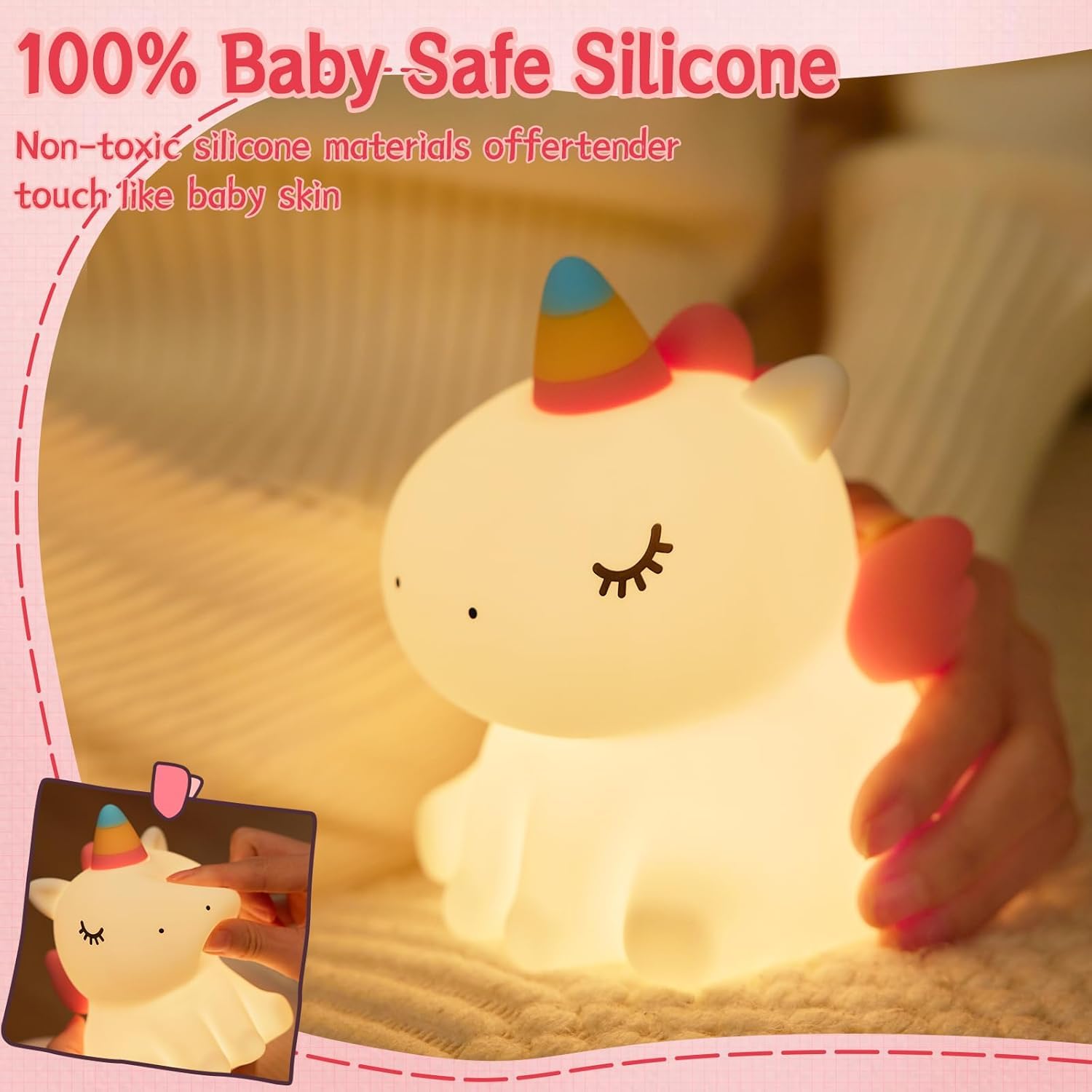 Adorable glowing white silicone night lamp for kids, shaped like a cute sitting unicorn with a colorful horn and pink wings. Provides a soft, comforting light for bedrooms. From uSmile.toys www.usmile.toys