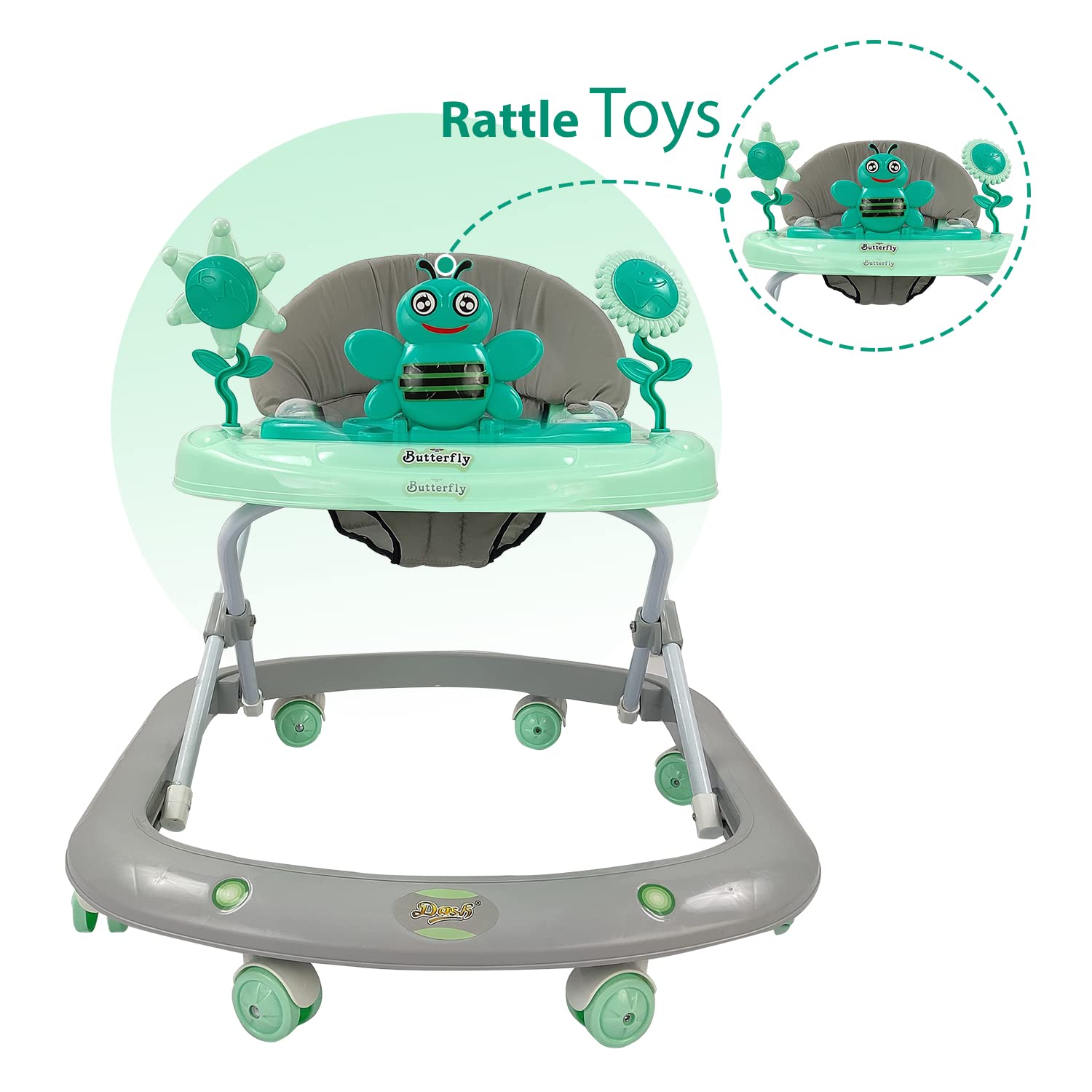 Dash Butterfly Walker from Usmile Toys in green, yellow, and grey, featuring a musical toy tray and adjustable height for babies. www.usmile.toys