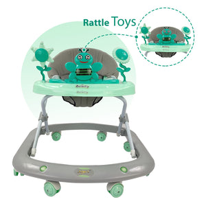 Dash Butterfly Walker from Usmile Toys in green, yellow, and grey, featuring a musical toy tray and adjustable height for babies. www.usmile.toys