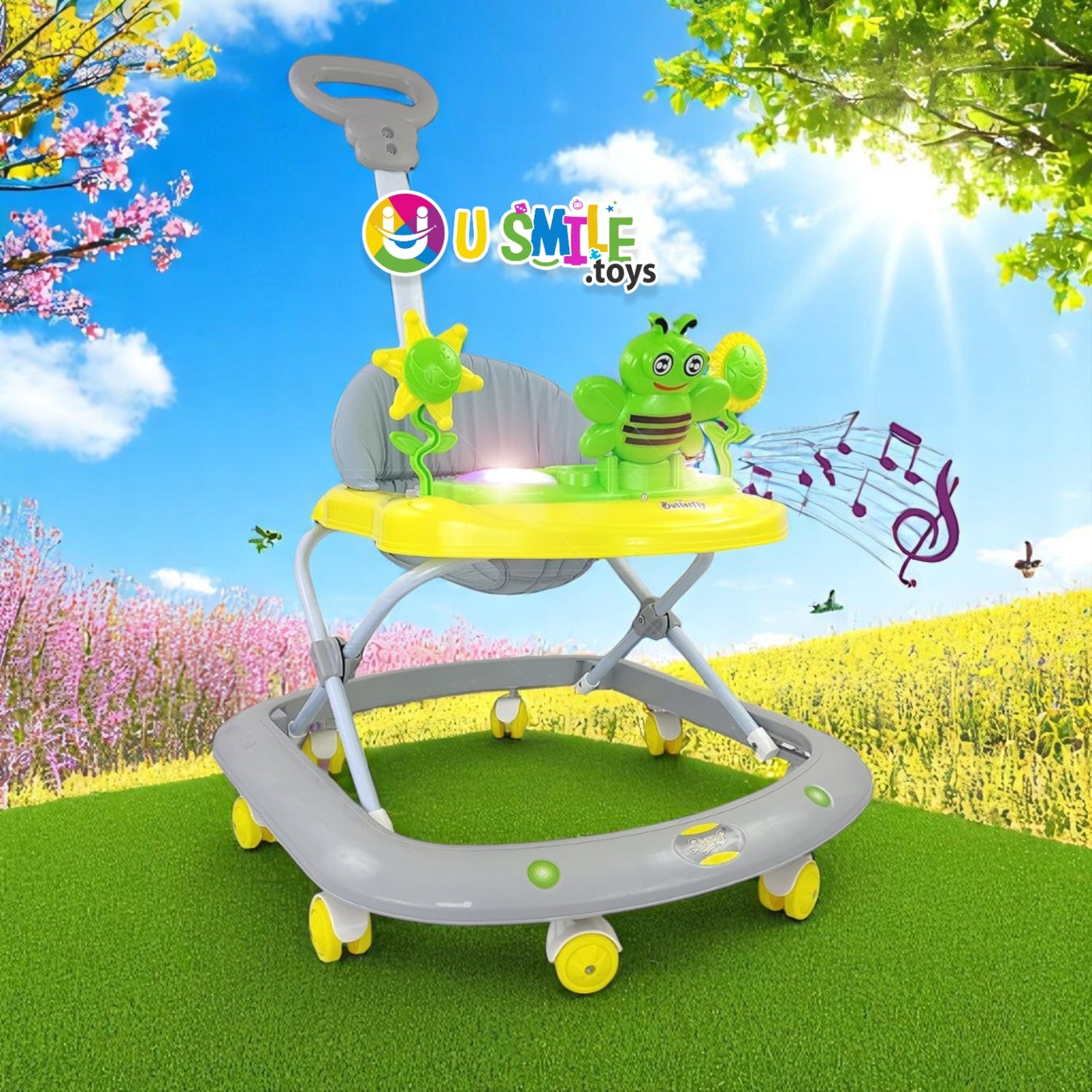 Dash Butterfly Walker from Usmile Toys in green, yellow, and grey, featuring a musical toy tray and adjustable height for babies www.usmile.toys