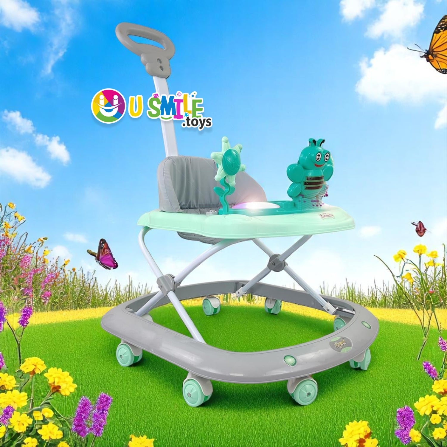 Dash Butterfly Walker from Usmile Toys in green, yellow, and grey, featuring a musical toy tray and adjustable height for babies www.usmile.toys