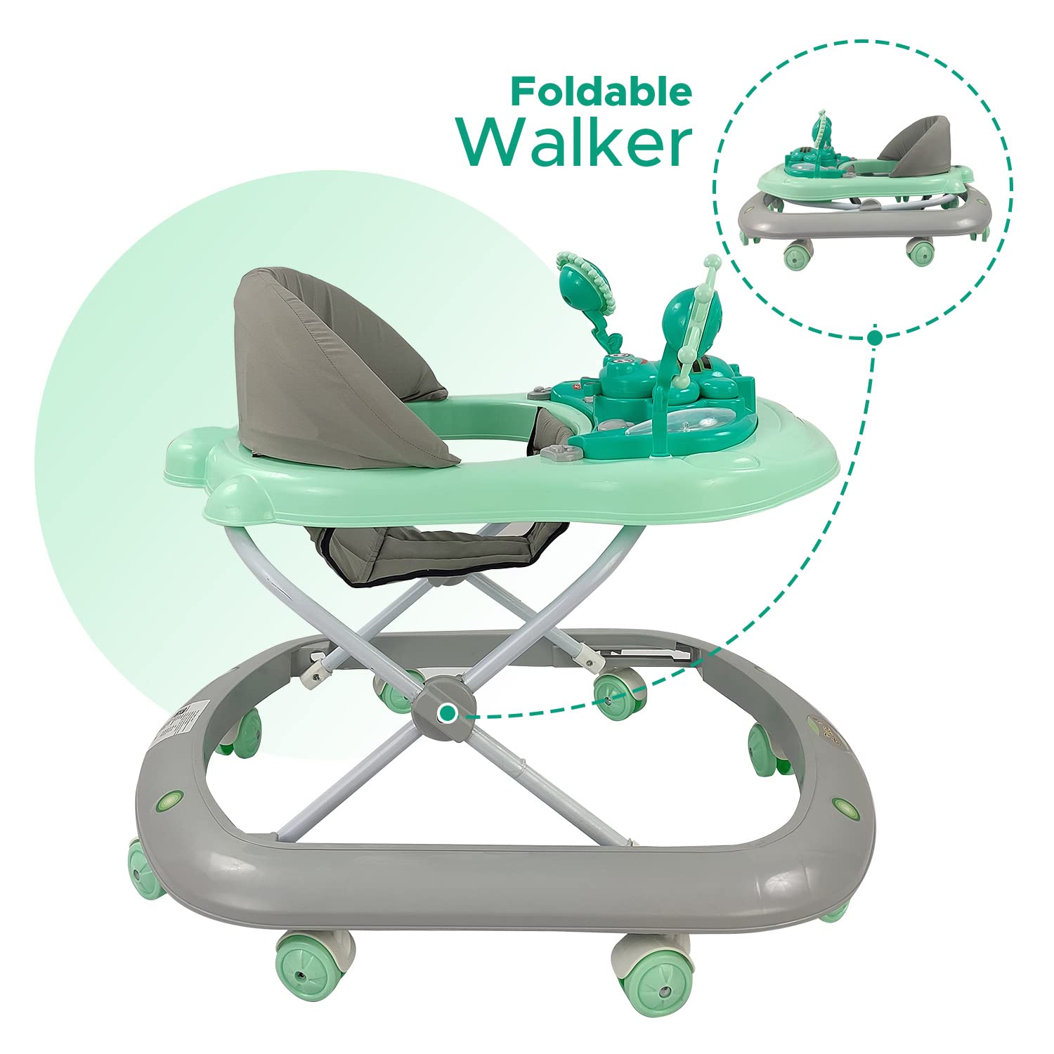 Dash Butterfly Walker from Usmile Toys in green, yellow, and grey, featuring a musical toy tray and adjustable height for babies. www.usmile.toys