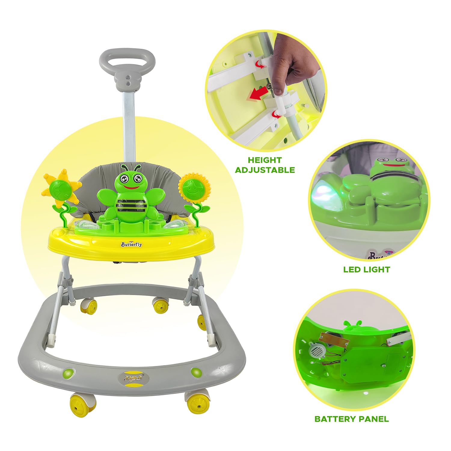 Dash Butterfly Walker from Usmile Toys in green, yellow, and grey, featuring a musical toy tray and adjustable height for babies. www.usmile.toys