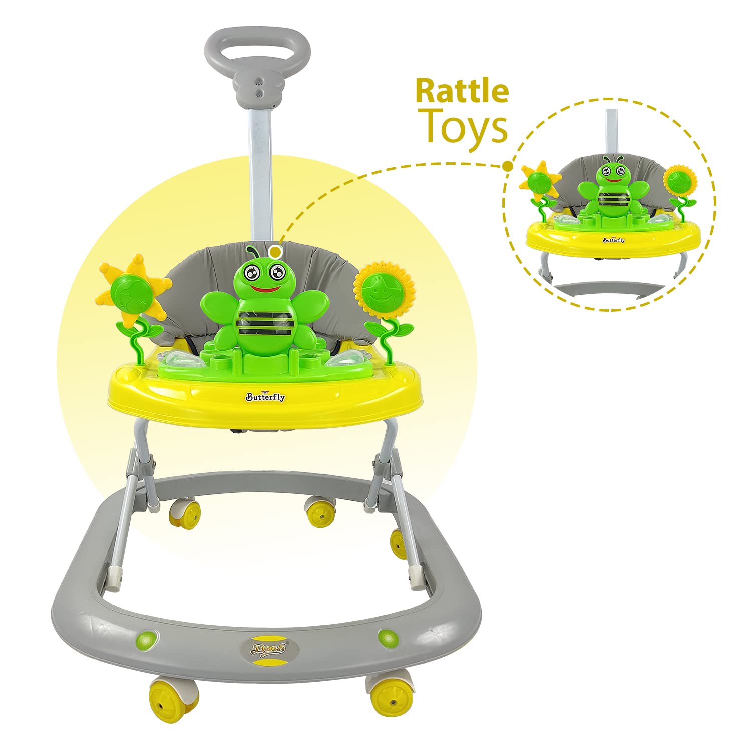 Sturdy and colorful baby walker in a natural outdoor setting, equipped with engaging butterfly-themed toys and Usmile branding. www.usmile.toys