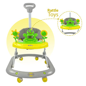 Sturdy and colorful baby walker in a natural outdoor setting, equipped with engaging butterfly-themed toys and Usmile branding. www.usmile.toys