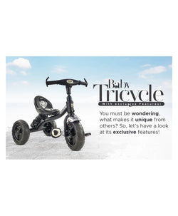 Black tricycle for children aged 3 to 5 years, with a sturdy frame and comfortable seat, in an urban setting. www.usmile.toys