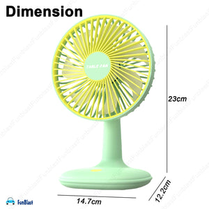 Bright green and yellow USB rechargeable mini desktop cooling fan, ideal for office desks, homes, or travel. Compact and portable fan from uSmile.toys." www.usmile.toys