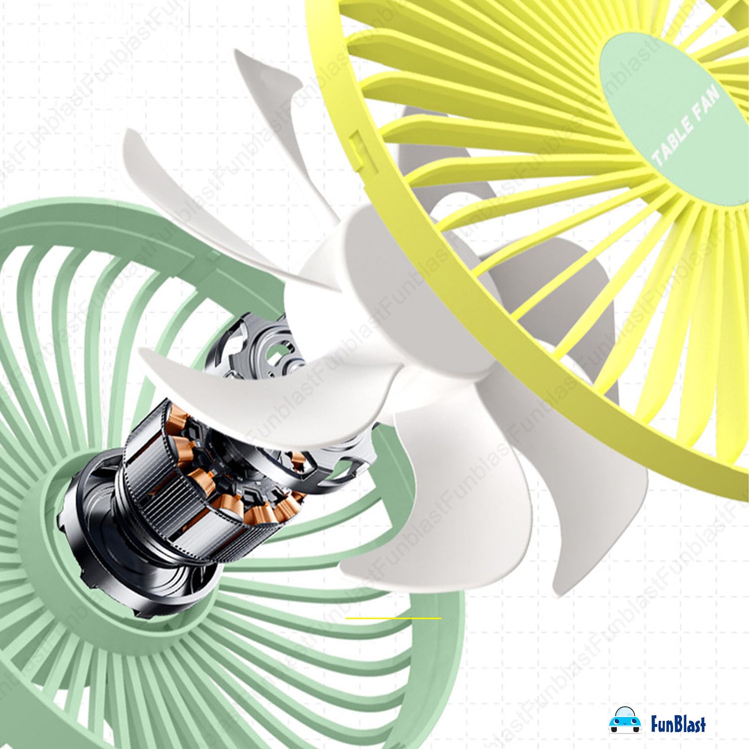 Bright green and yellow USB rechargeable mini desktop cooling fan, ideal for office desks, homes, or travel. Compact and portable fan from uSmile.toys." www.usmile.toys