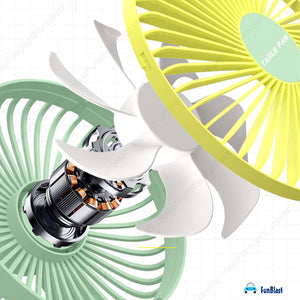 Bright green and yellow USB rechargeable mini desktop cooling fan, ideal for office desks, homes, or travel. Compact and portable fan from uSmile.toys." www.usmile.toys