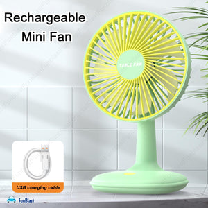 Bright green and yellow USB rechargeable mini desktop cooling fan, ideal for office desks, homes, or travel. Compact and portable fan from uSmile.toys." www.usmile.toys