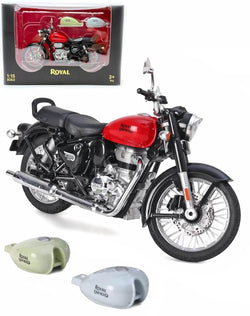 A red and black die-cast Royal Enfield model with a chrome exhaust, extra green and blue fuel tanks, and pull-back functionality, ideal for children and enthusiasts from Usmile Toys. www.usmile.toys