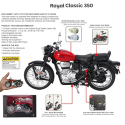  A red and black die-cast Royal Enfield model with a chrome exhaust, extra green and blue fuel tanks, and pull-back functionality, ideal for children and enthusiasts from Usmile Toys.www.usmile.toys