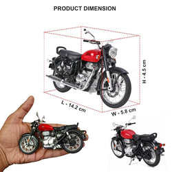  A red and black die-cast Royal Enfield model with a chrome exhaust, extra green and blue fuel tanks, and pull-back functionality, ideal for children and enthusiasts from Usmile Toys. www.usmile.toys