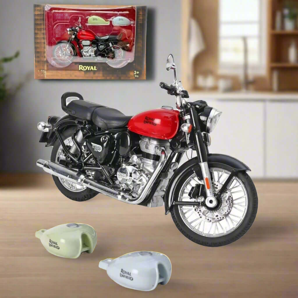 Realistic red die-cast Royal Enfield Bullet motorcycle scale model with black accents and interchangeable fuel tanks (green, blue), featuring pull-back action, perfect for collectors and kids from Usmile Toys.www.usmile.toys