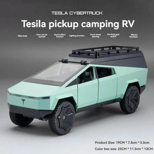 Mint green die-cast Tesla Cybertruck model toy with a functional, opening bed cover, perfect for collectors and imaginative play for kids from Usmile Toys.www.usmile.toys