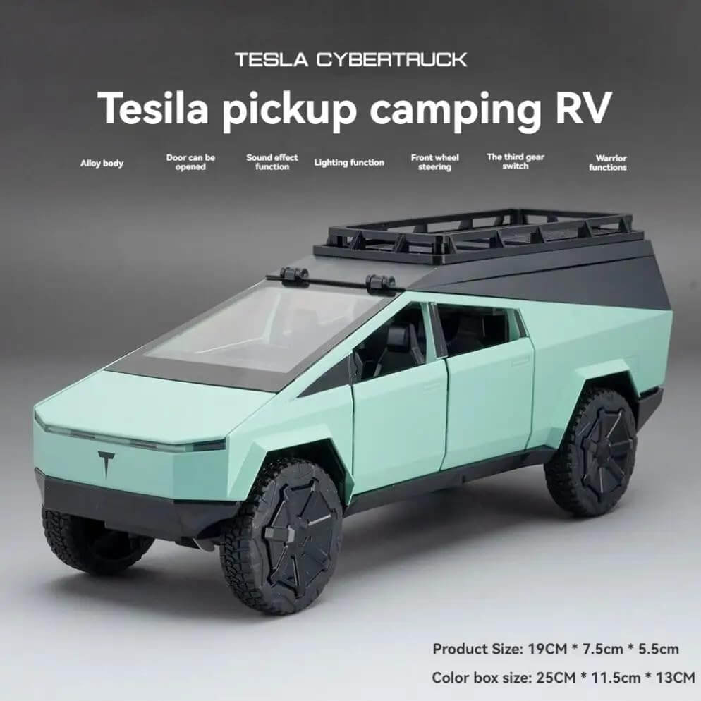 Mint green die-cast Tesla Cybertruck model toy with a functional, opening bed cover, perfect for collectors and imaginative play for kids from Usmile Toys.www.usmile.toys