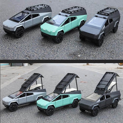 Collectible die-cast Tesla Pickup Classic toy truck in a modern matte green finish, showcasing its futuristic design and an articulating rear bed, available at Usmile Toys. www.usmile.toys